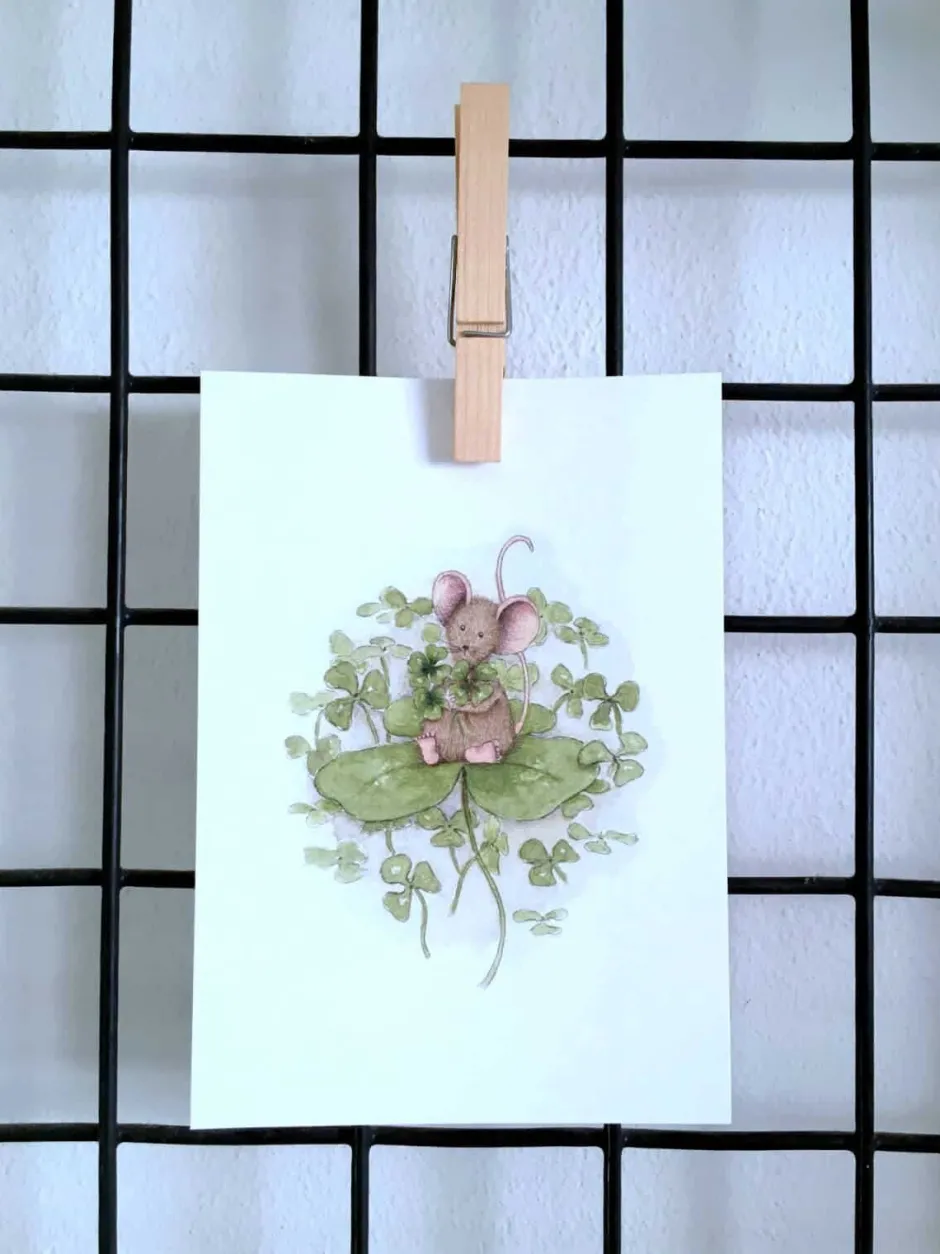 New Ansichtkaart Muis op/met klavertje vier Wenskaarten