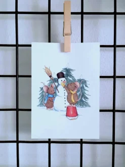 New Ansichtkaart Muisjes maken sneeuwpop Wenskaarten