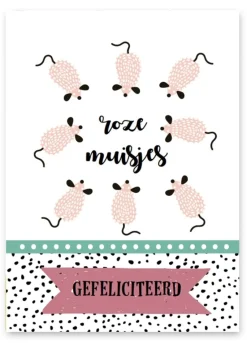 Sale Wenskaart Roze Muisjes Gefeliciteerd Wenskaarten